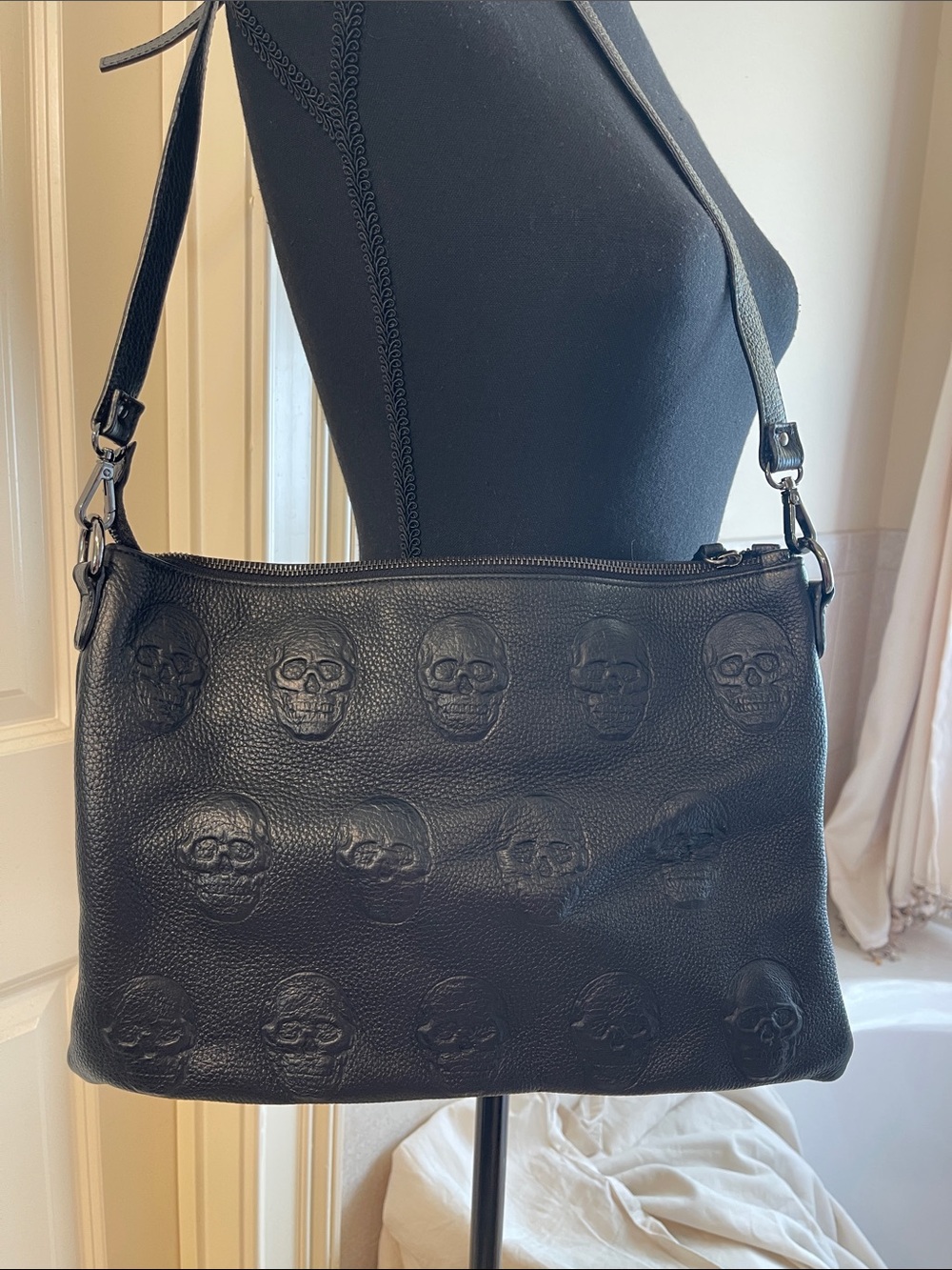 Io Pelle Italian Black Embossed Skull Leather Crossbody Bag